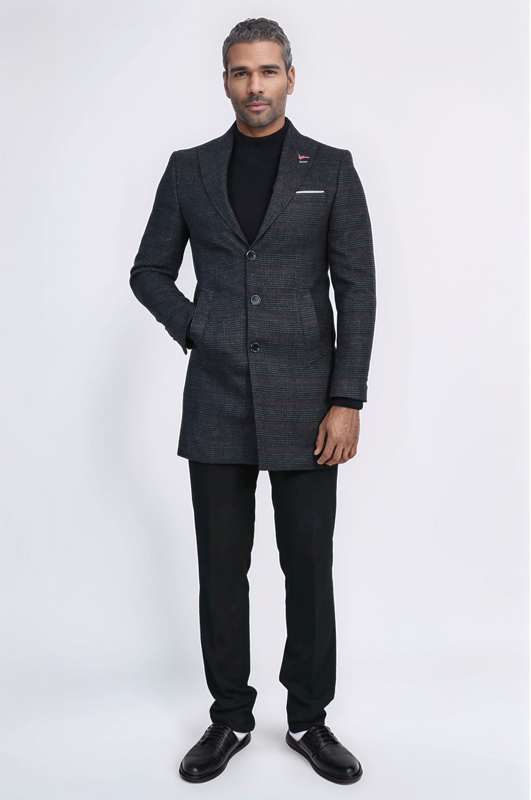 Geniş Sivri Yaka Ekose Antrasit Erkek Kısa Palto - Wessi
