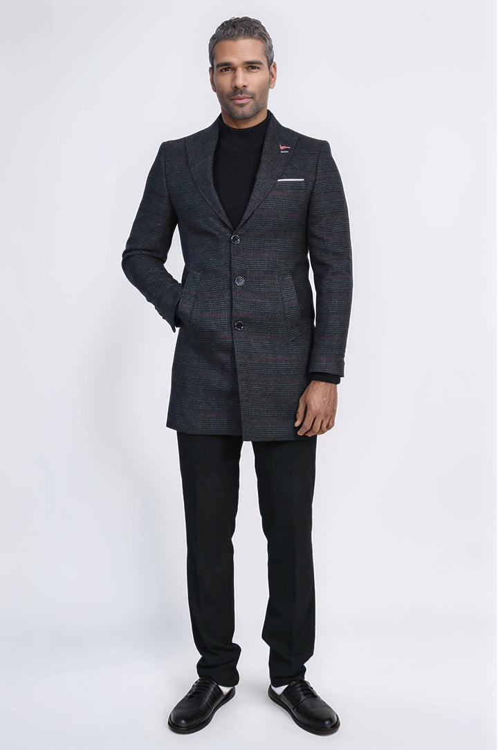 Geniş Sivri Yaka Ekose Antrasit Erkek Kısa Palto - Wessi