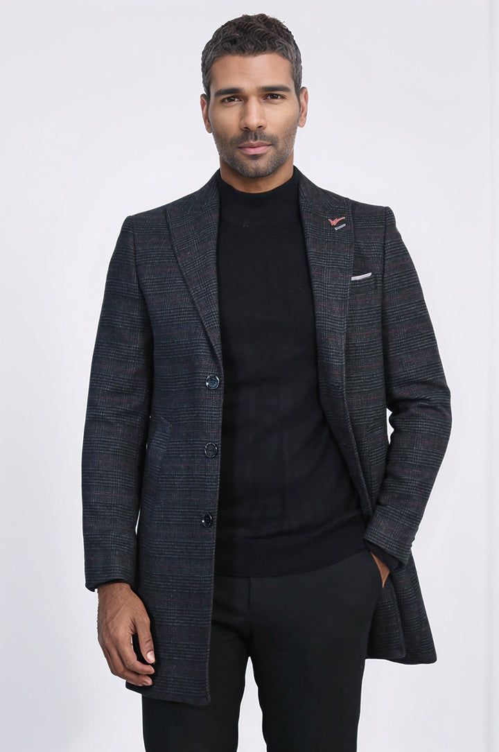 Geniş Sivri Yaka Ekose Antrasit Erkek Kısa Palto - Wessi