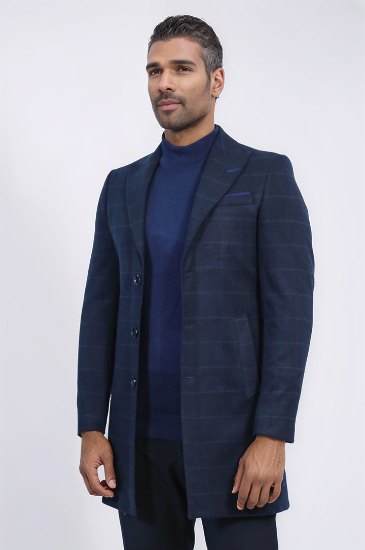 Geniş Sivri Yaka Ekoseli Lacivert Kısa Palto - Wessi