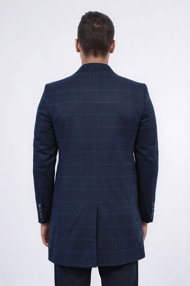 Geniş Sivri Yaka Ekoseli Lacivert Kısa Palto - Wessi