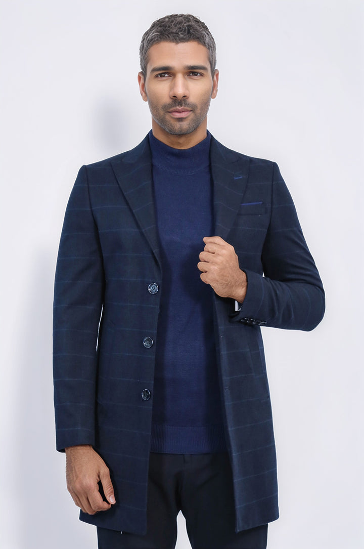 Geniş Sivri Yaka Ekoseli Lacivert Kısa Palto - Wessi