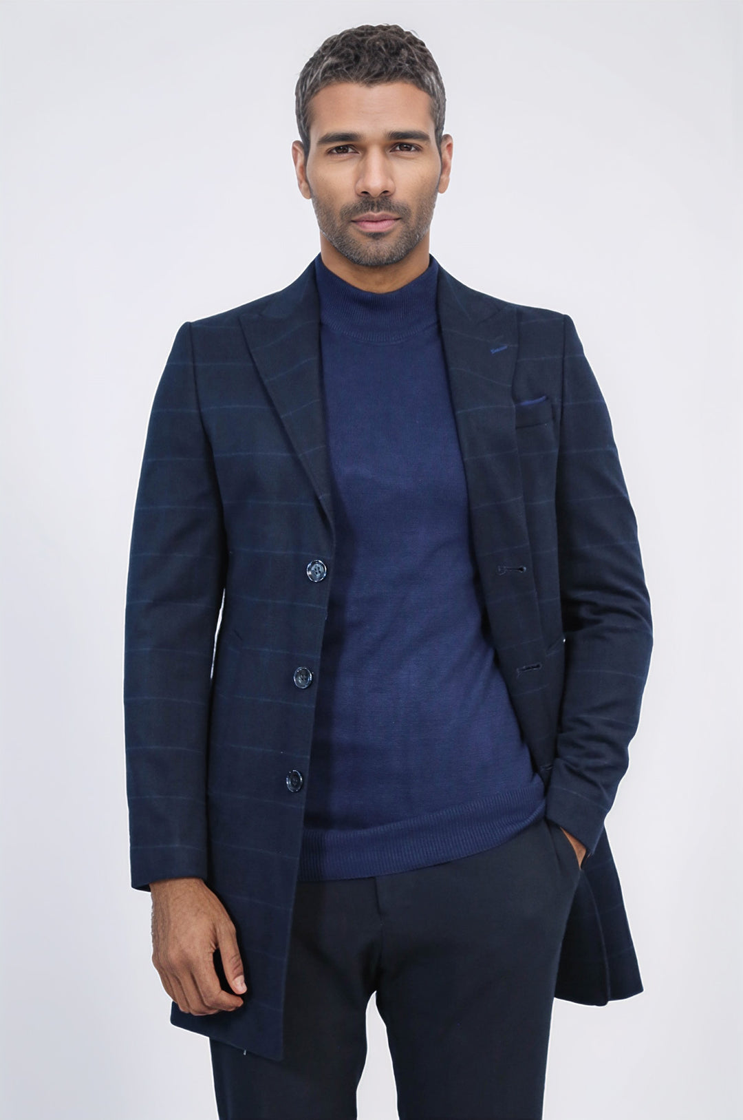 Geniş Sivri Yaka Ekoseli Lacivert Kısa Palto - Wessi