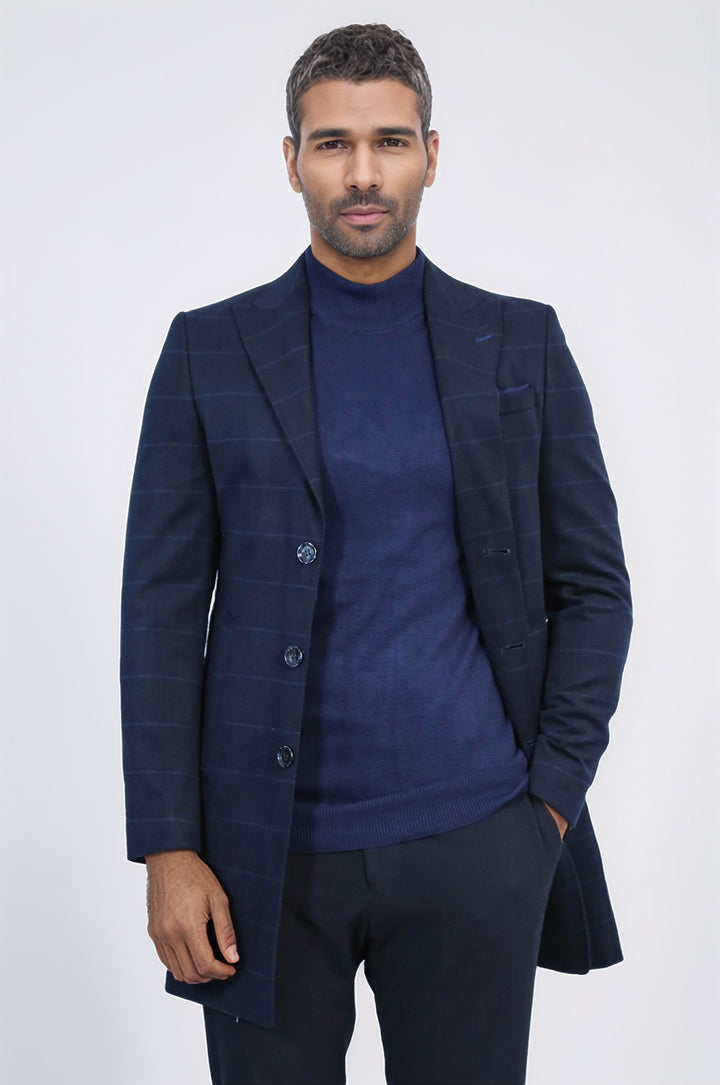 Geniş Sivri Yaka Ekoseli Lacivert Kısa Palto - Wessi