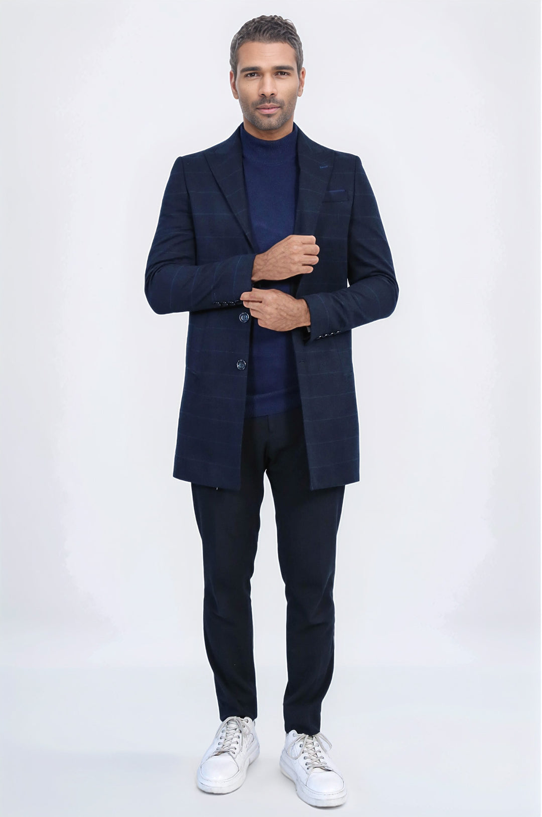 Geniş Sivri Yaka Ekoseli Lacivert Kısa Palto - Wessi