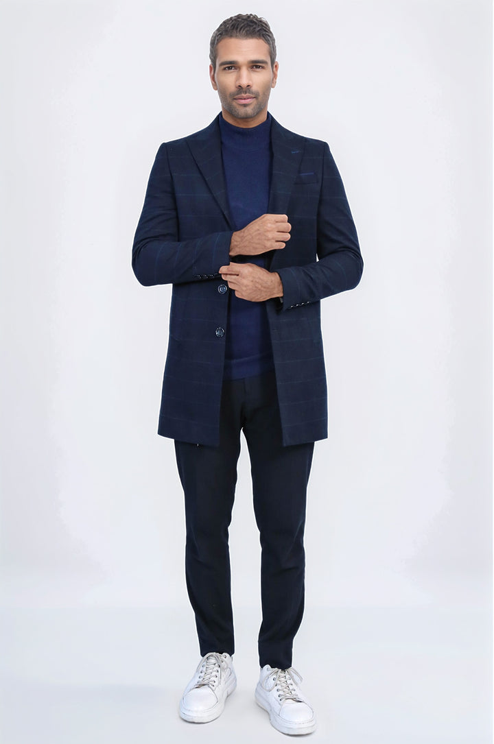 Geniş Sivri Yaka Ekoseli Lacivert Kısa Palto - Wessi