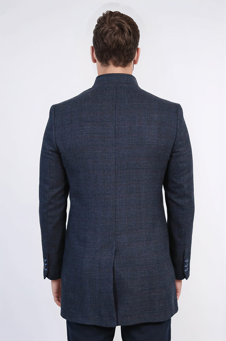 Hakim Yaka Ekose Desenli Lacivert Erkek Kaban - Wessi