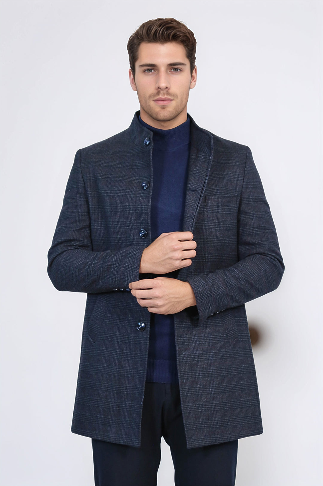 Hakim Yaka Ekose Desenli Lacivert Erkek Kaban - Wessi