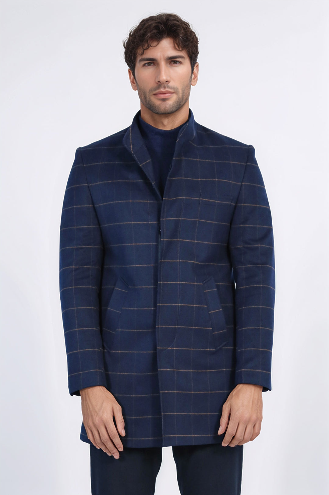 Kareli Desenli Hakim Yaka Lacivert Erkek Kaban - Wessi