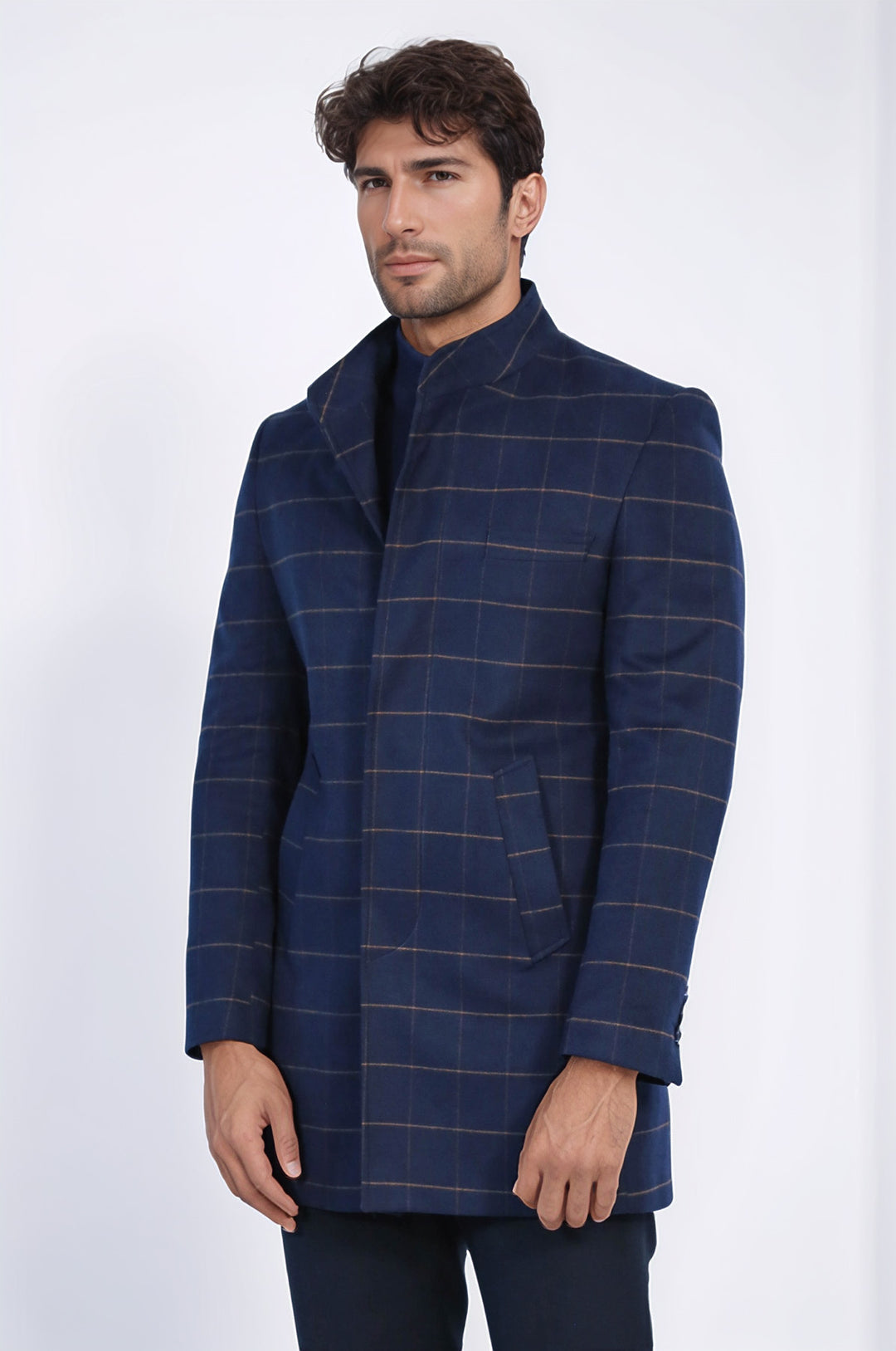 Kareli Desenli Hakim Yaka Lacivert Erkek Kaban - Wessi