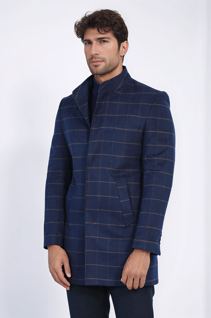 Kareli Desenli Hakim Yaka Lacivert Erkek Kaban - Wessi