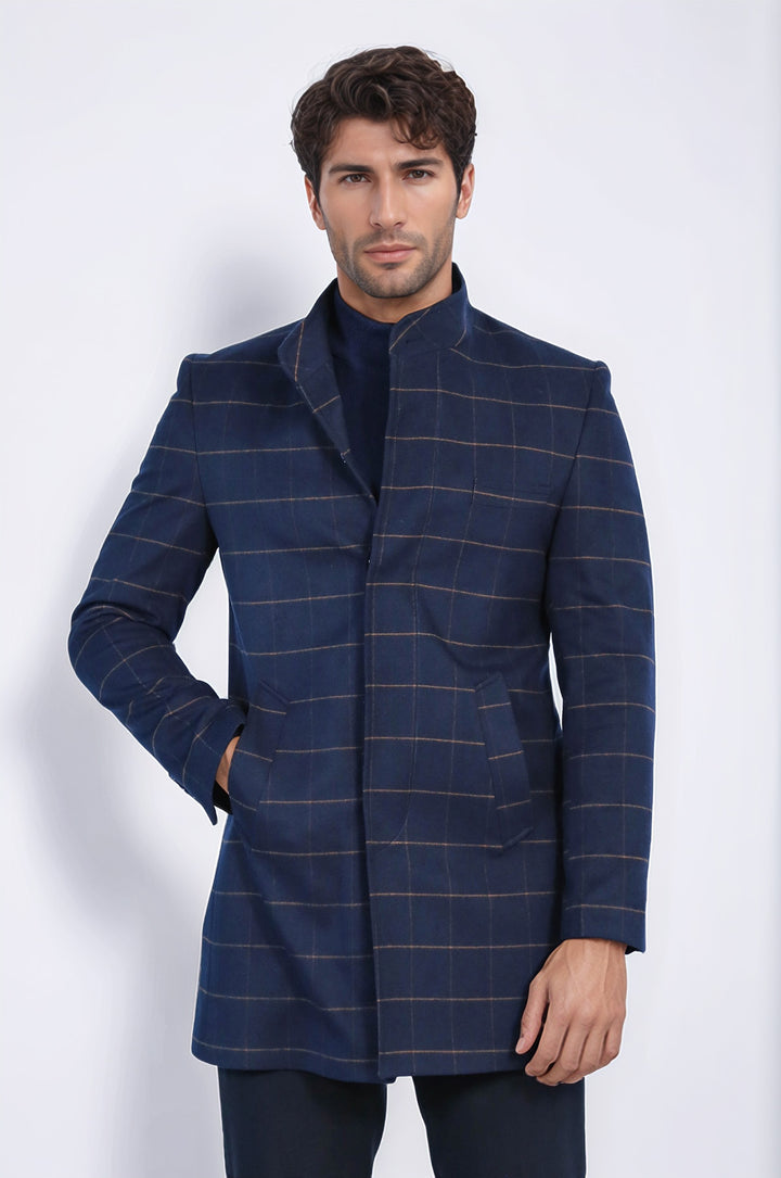 Kareli Desenli Hakim Yaka Lacivert Erkek Kaban - Wessi