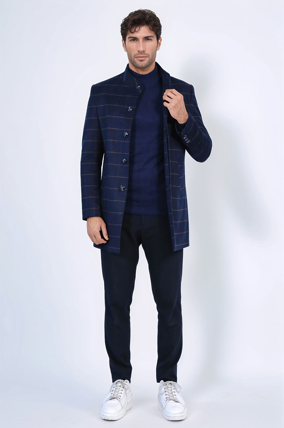 Kareli Desenli Hakim Yaka Lacivert Erkek Kaban - Wessi