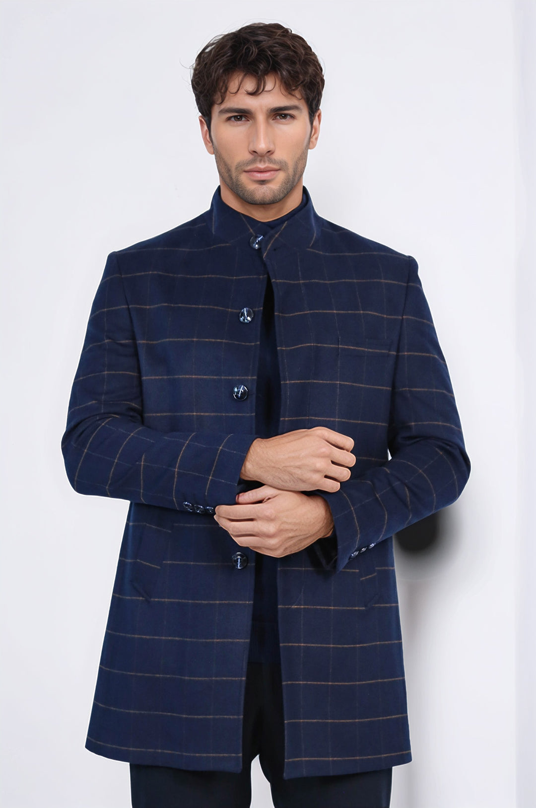 Kareli Desenli Hakim Yaka Lacivert Erkek Kaban - Wessi