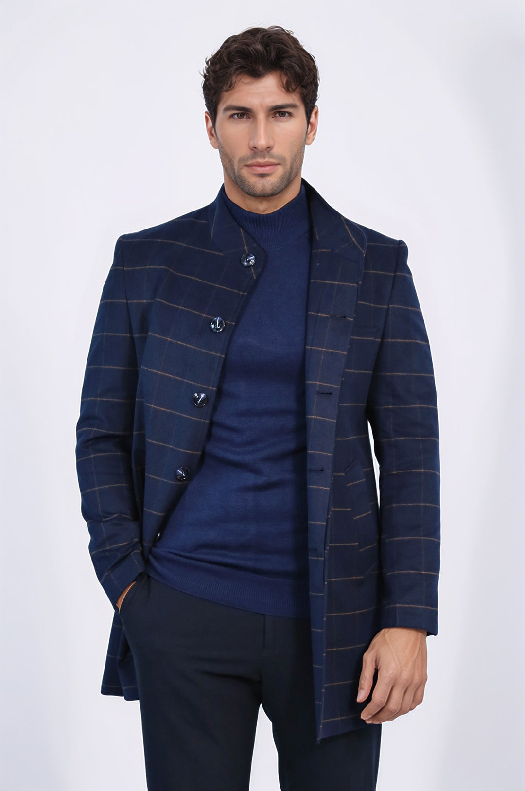 Kareli Desenli Hakim Yaka Lacivert Erkek Kaban - Wessi