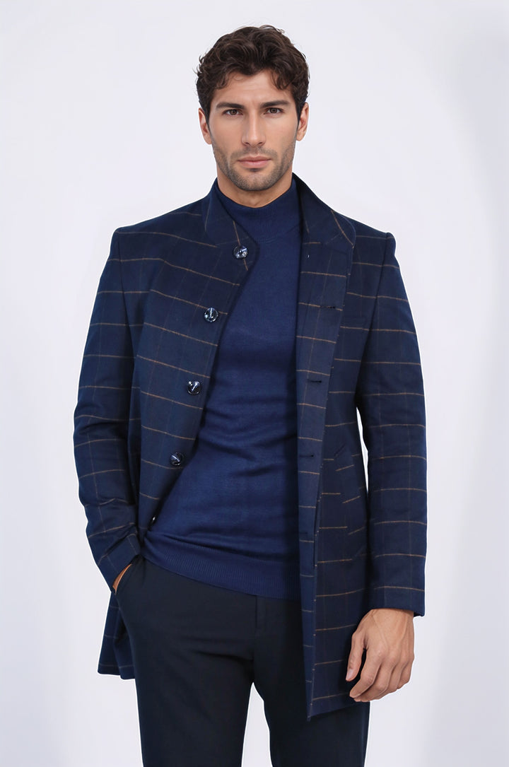 Kareli Desenli Hakim Yaka Lacivert Erkek Kaban - Wessi