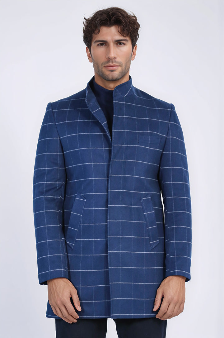 Hakim Yaka Kareli Mavi Erkek Kaban - Wessi