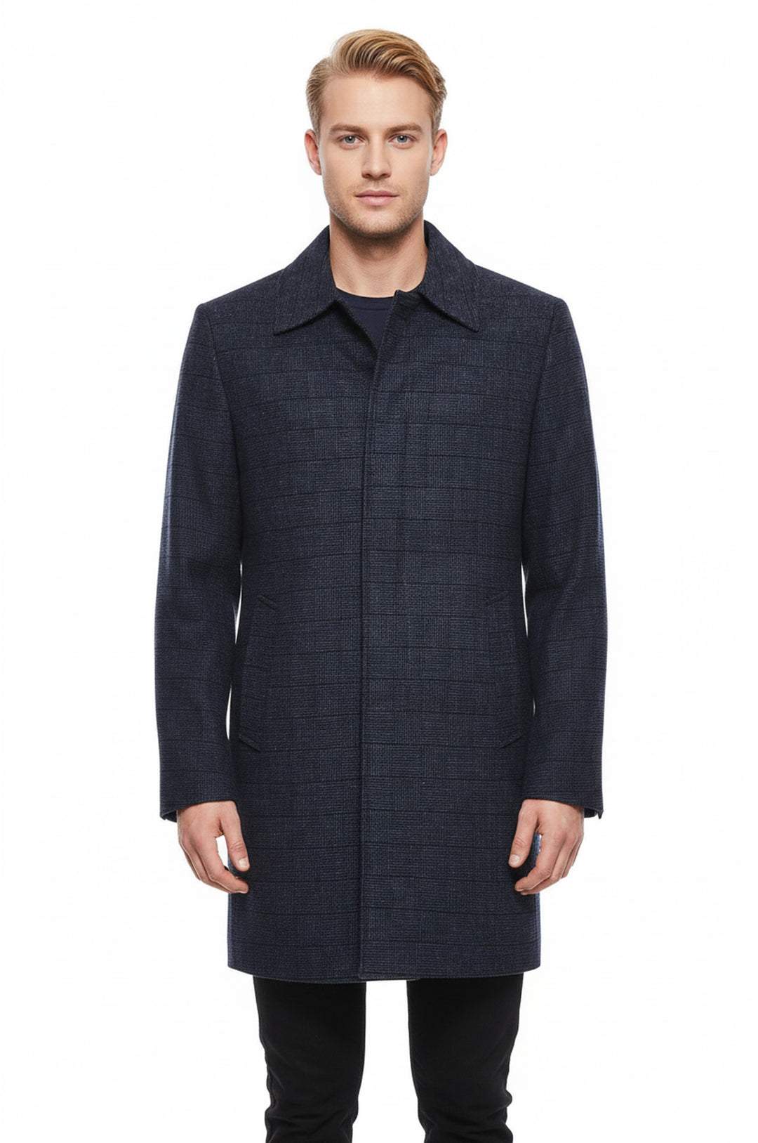 Lacivert Ekose Desenli Gizli Düğme Sivri Yaka Kaban - Wessi