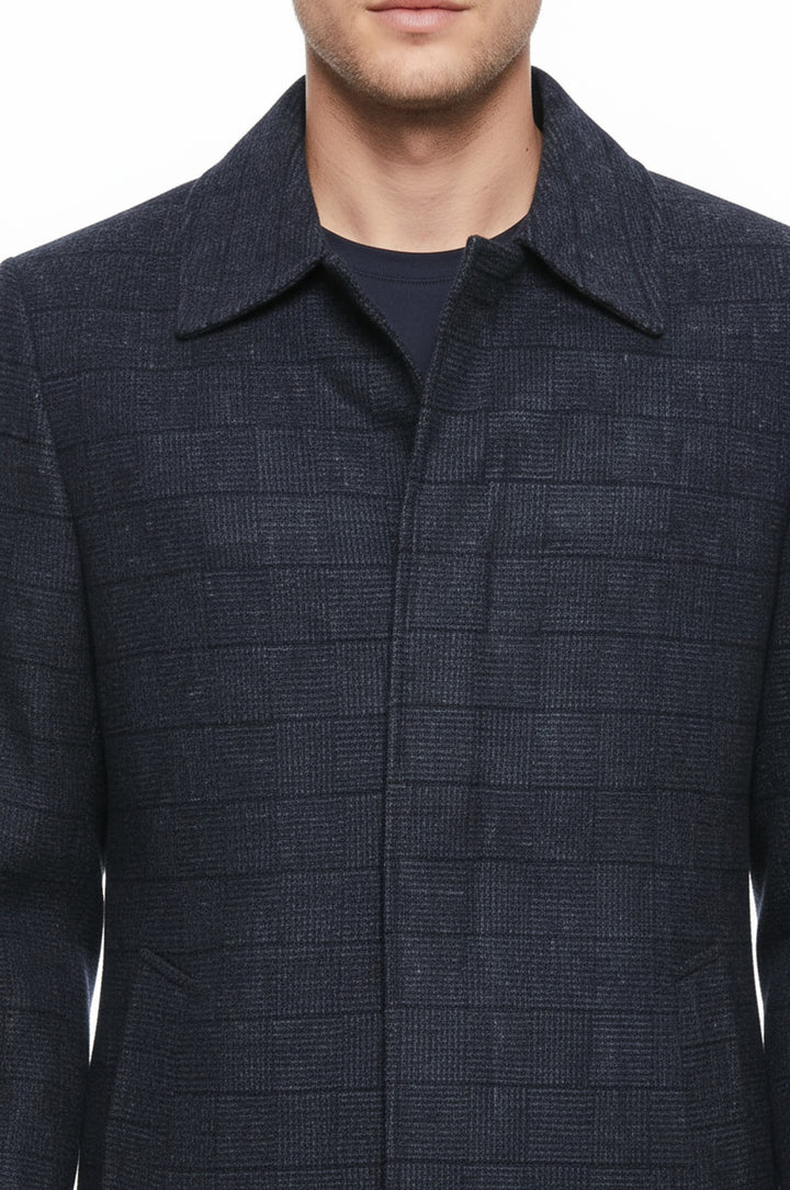 Lacivert Ekose Desenli Gizli Düğme Sivri Yaka Kaban - Wessi