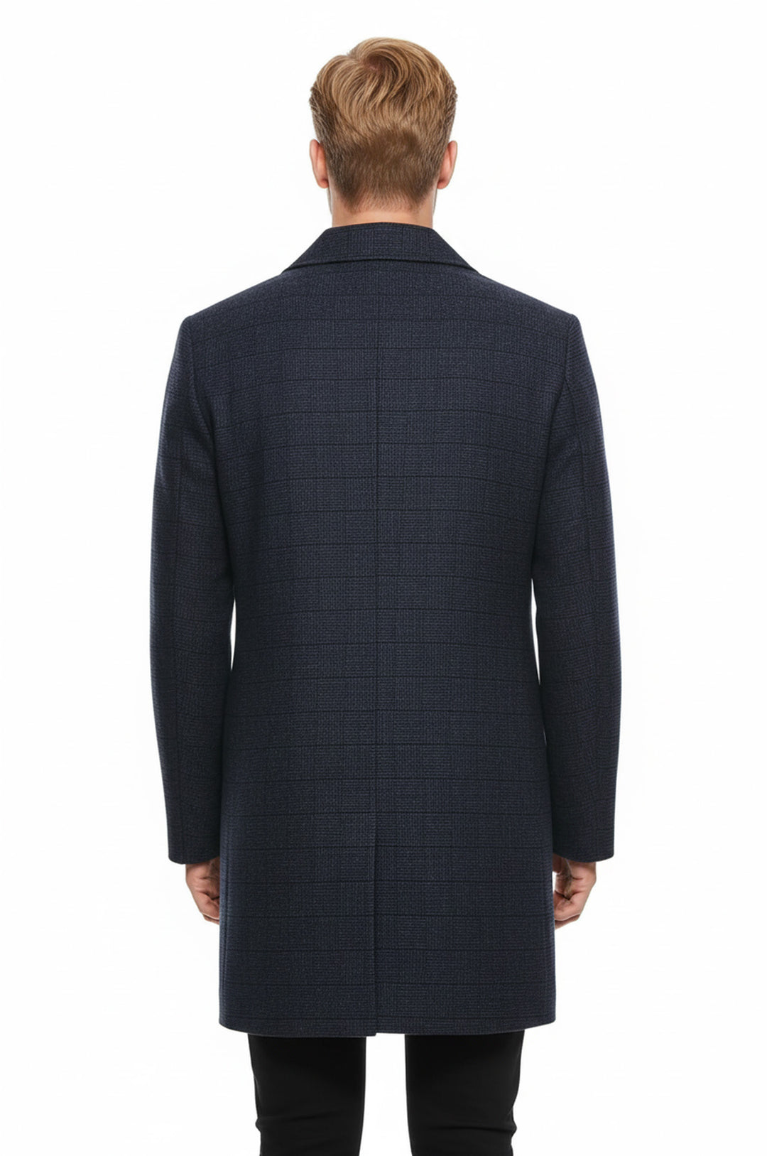 Lacivert Ekose Desenli Gizli Düğme Sivri Yaka Kaban - Wessi