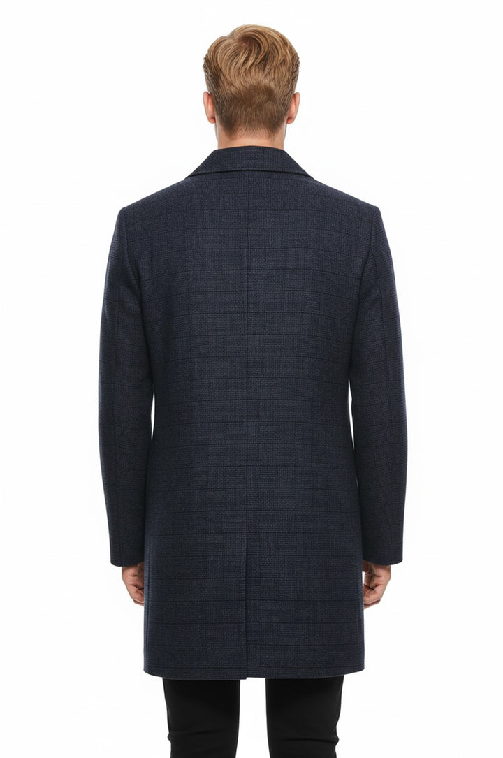 Lacivert Ekose Desenli Gizli Düğme Sivri Yaka Kaban - Wessi