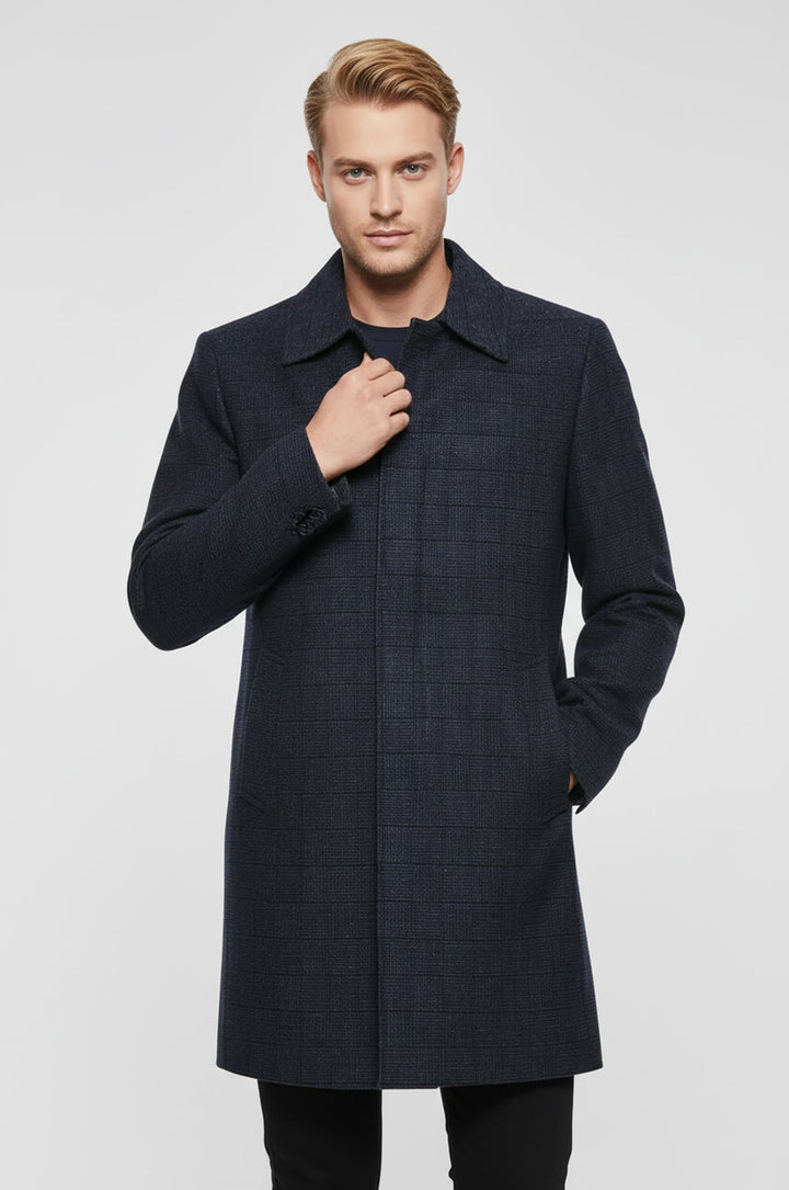 Lacivert Ekose Desenli Gizli Düğme Sivri Yaka Kaban - Wessi