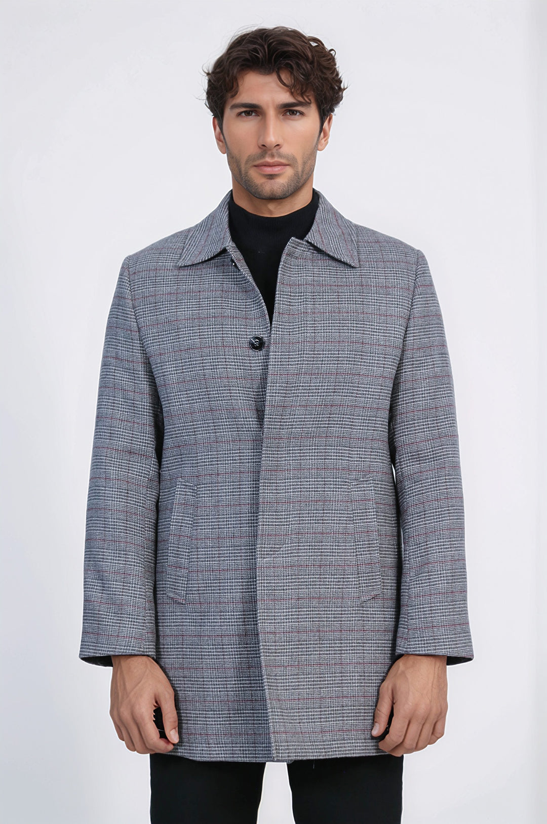 Gri Ekose Desenli Gizli Düğme Sivri Yaka Kaban - Wessi