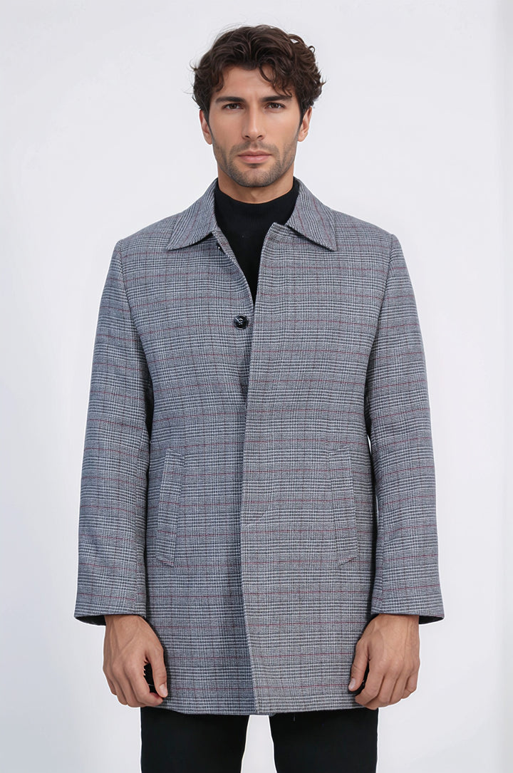 Gri Ekose Desenli Gizli Düğme Sivri Yaka Kaban - Wessi