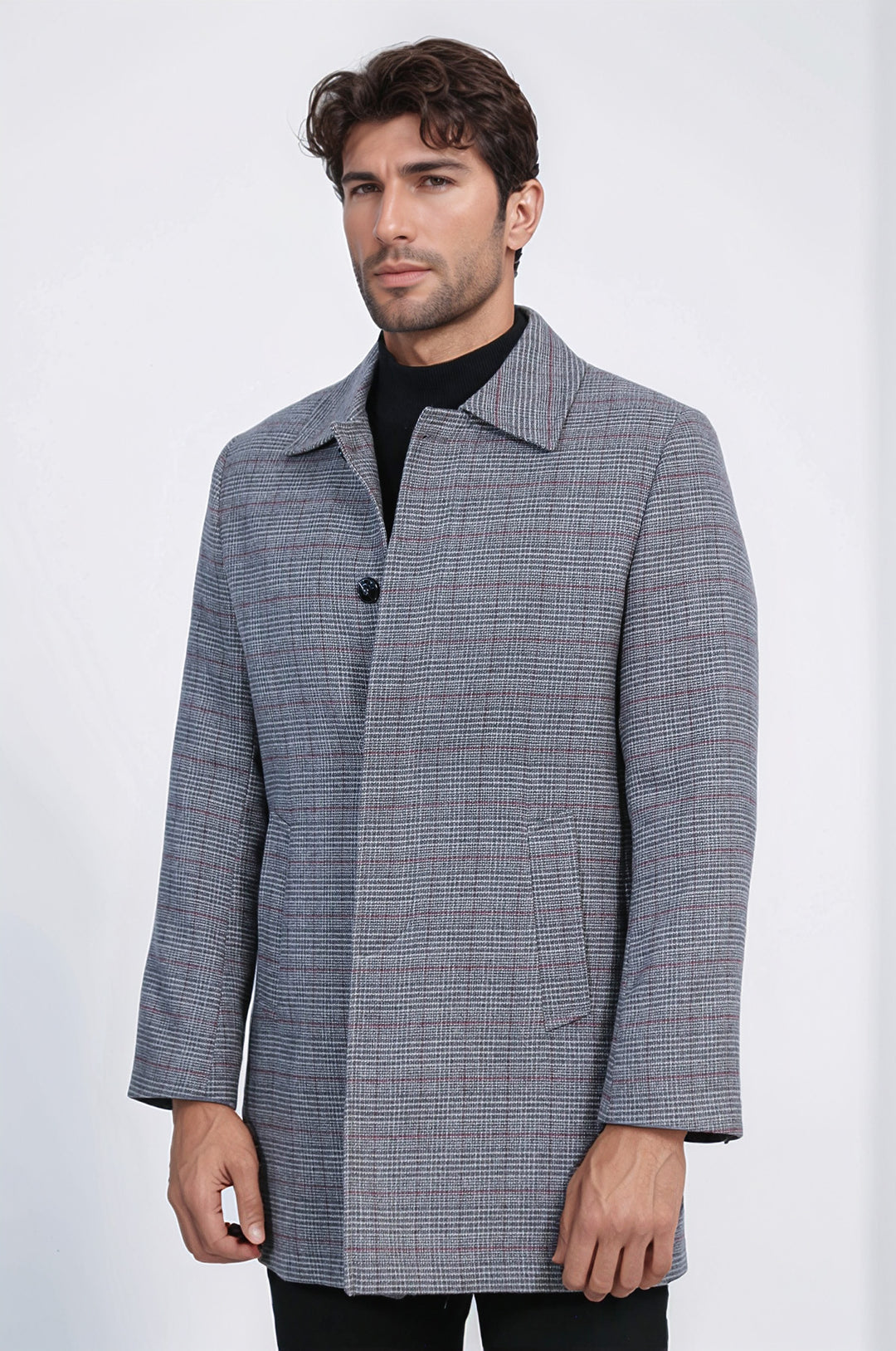 Gri Ekose Desenli Gizli Düğme Sivri Yaka Kaban - Wessi