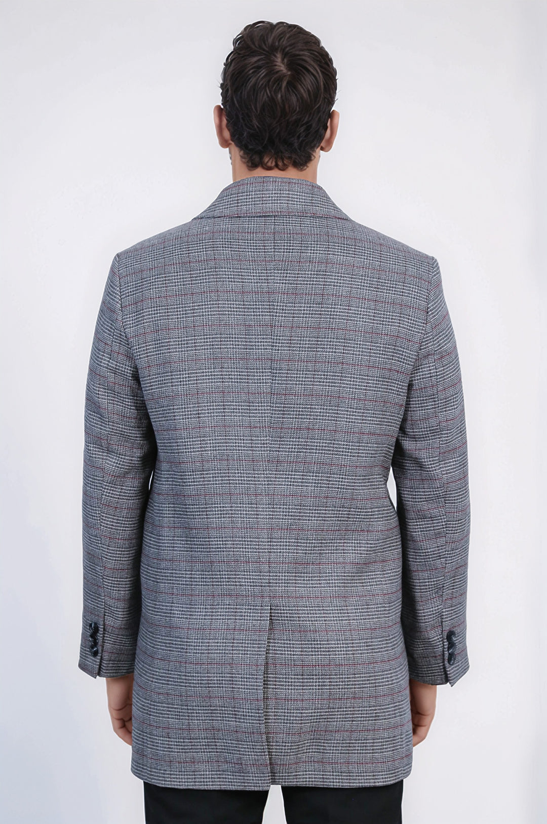 Gri Ekose Desenli Gizli Düğme Sivri Yaka Kaban - Wessi