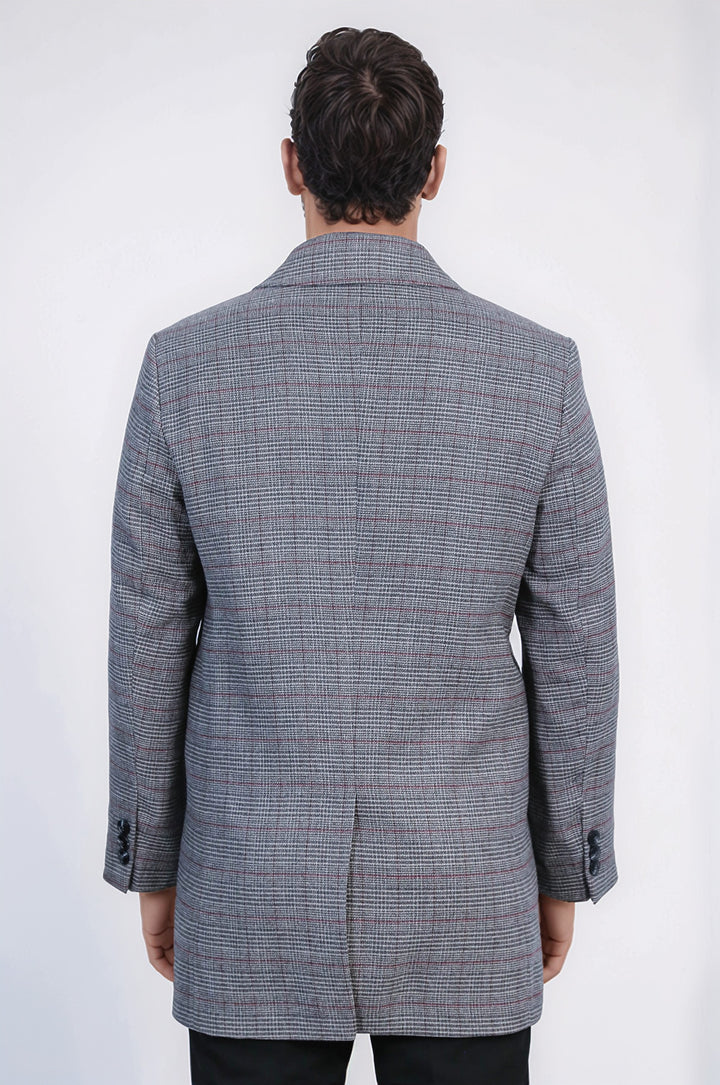 Gri Ekose Desenli Gizli Düğme Sivri Yaka Kaban - Wessi