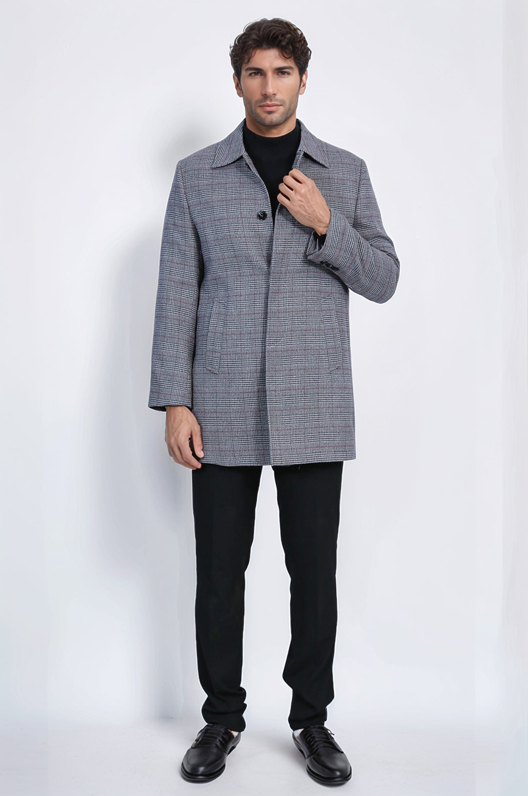 Gri Ekose Desenli Gizli Düğme Sivri Yaka Kaban - Wessi