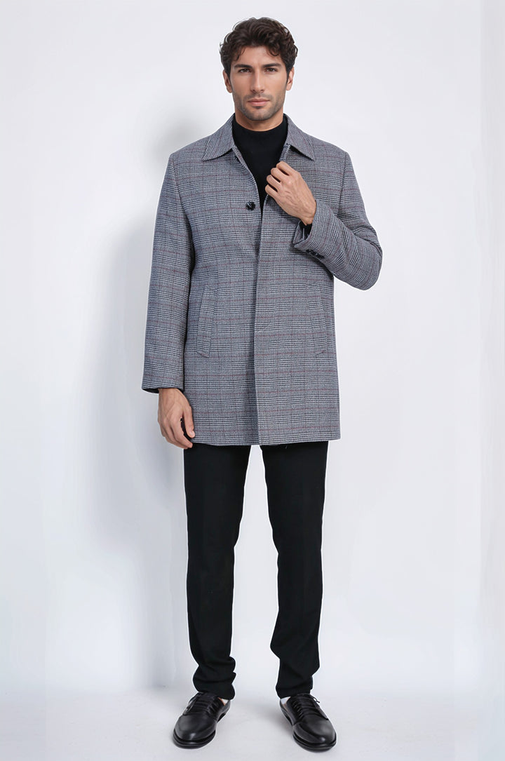 Gri Ekose Desenli Gizli Düğme Sivri Yaka Kaban - Wessi