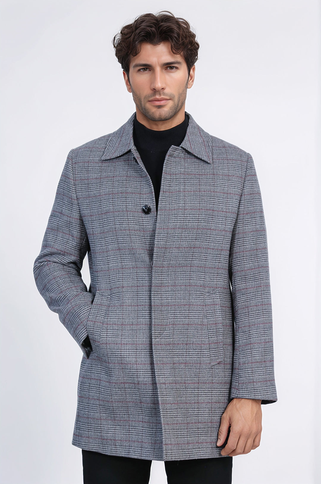 Gri Ekose Desenli Gizli Düğme Sivri Yaka Kaban - Wessi