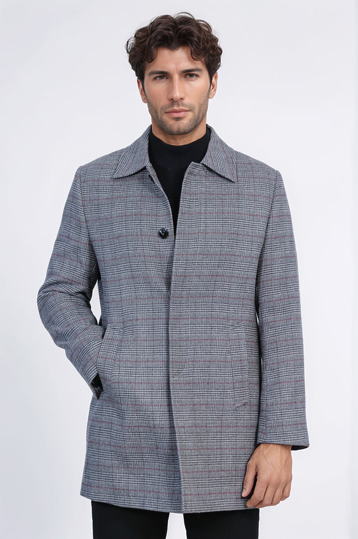 Gri Ekose Desenli Gizli Düğme Sivri Yaka Kaban - Wessi