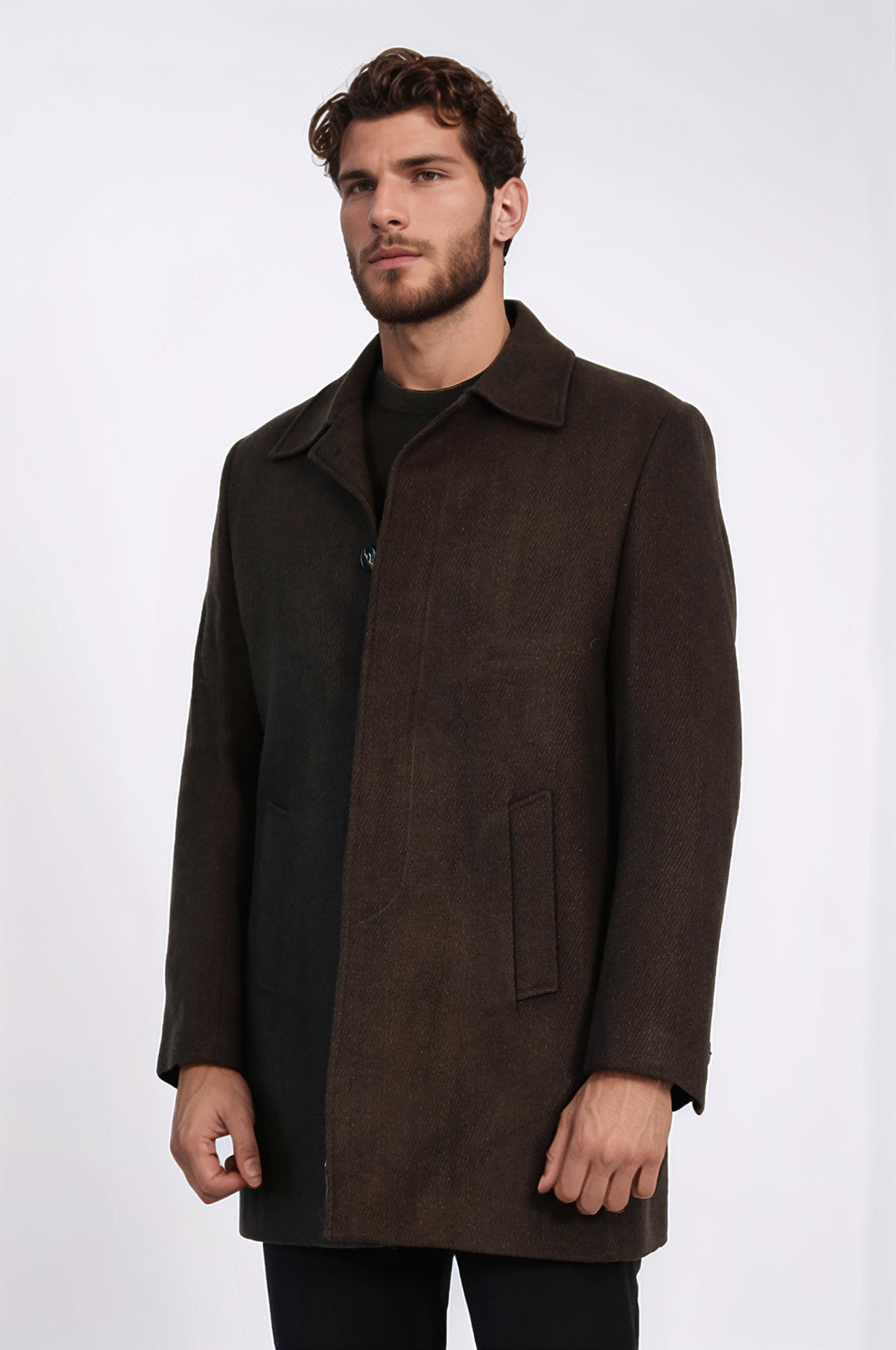 Kahverengi Gizli Düğme Sivri Yaka Kaban - Wessi