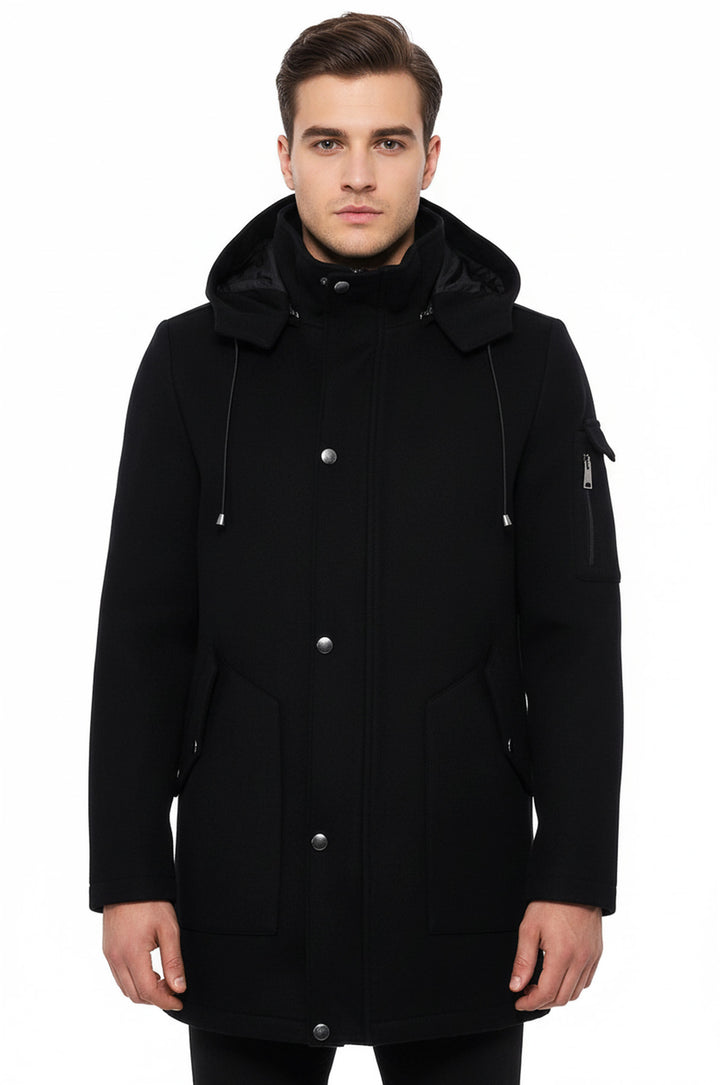 Kapşonlu Kaşe Gizli Fermuarlı Siyah Erkek Kaban - Wessi