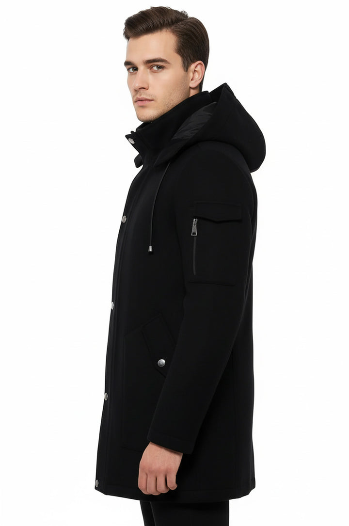 Kapşonlu Kaşe Gizli Fermuarlı Siyah Erkek Kaban - Wessi