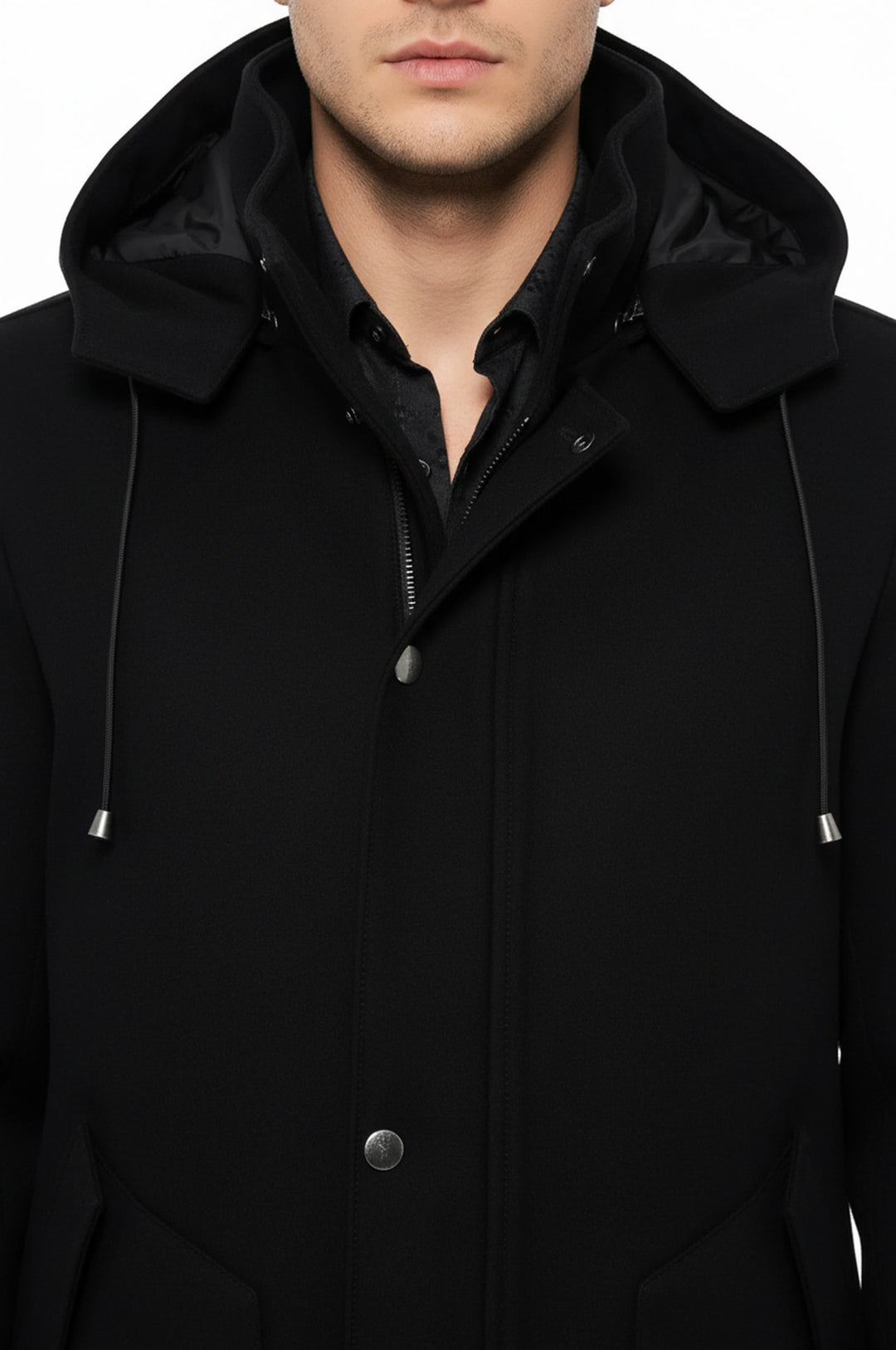 Kapşonlu Kaşe Gizli Fermuarlı Siyah Erkek Kaban - Wessi