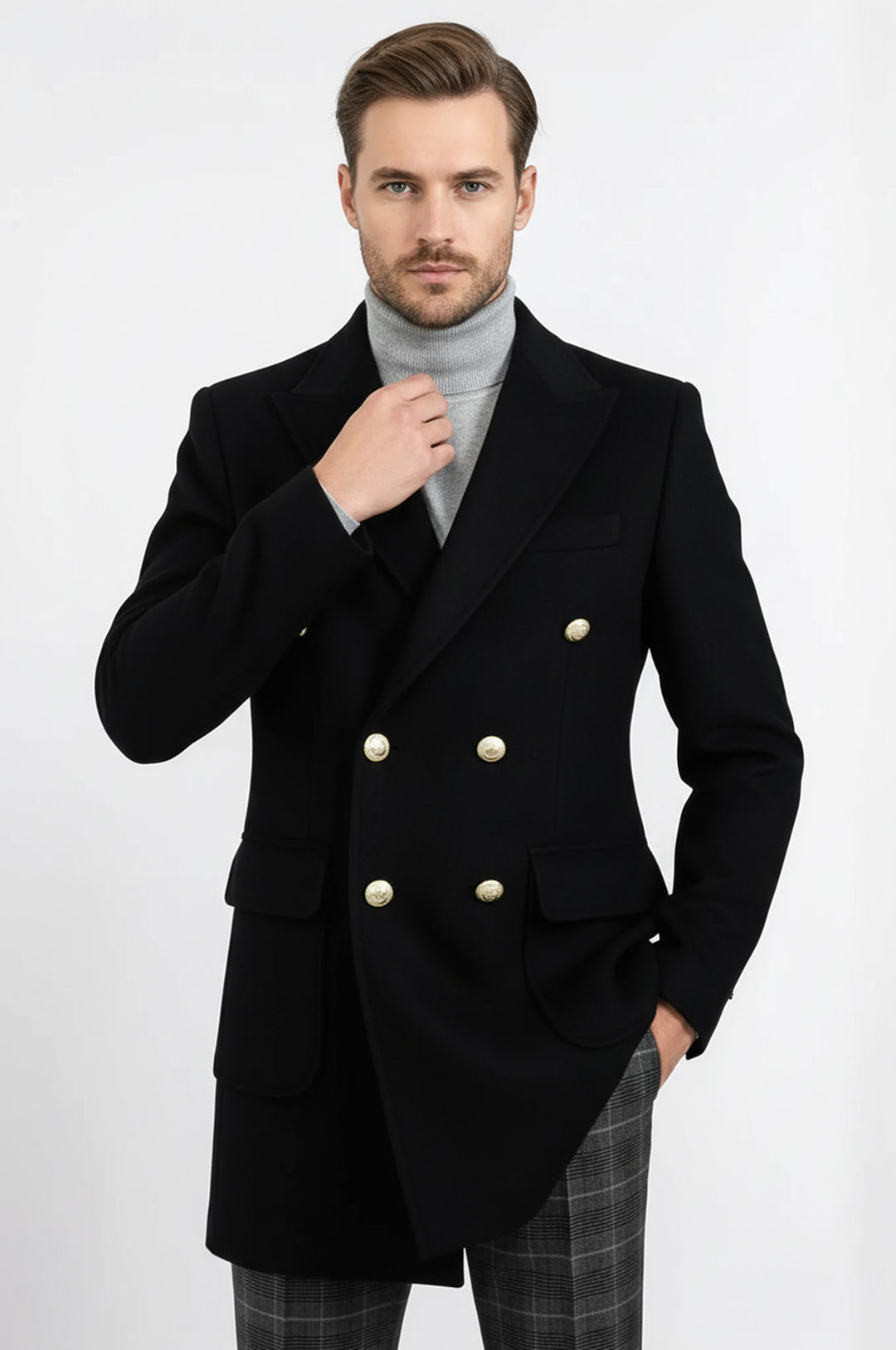 Metal Düğmeli Kruvaze Siyah Erkek Uzun Kaban - Wessi