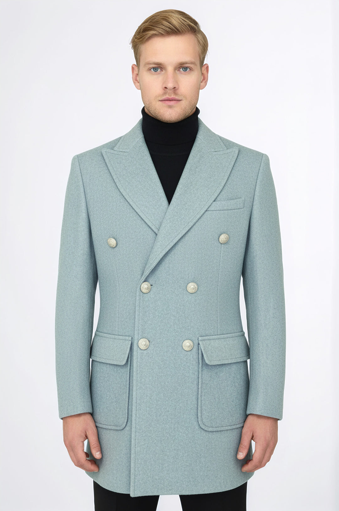 Metal Düğmeli Yün Kaşe Açık Mavi Erkek Kruvaze Kaban - Wessi