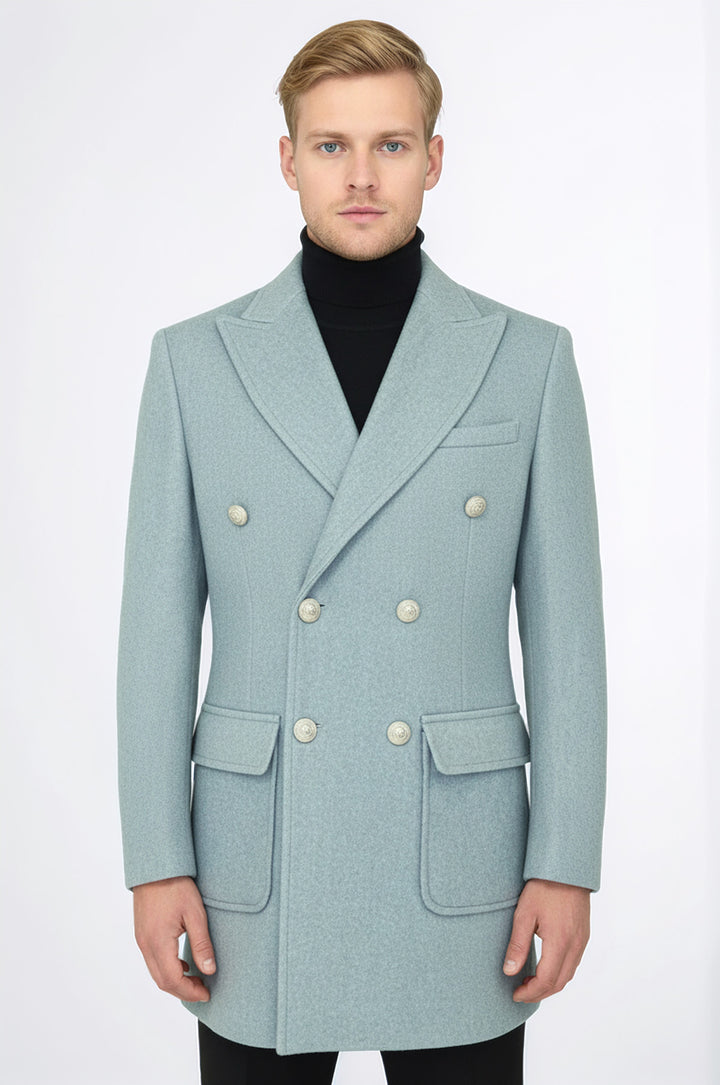 Metal Düğmeli Yün Kaşe Açık Mavi Erkek Kruvaze Kaban - Wessi