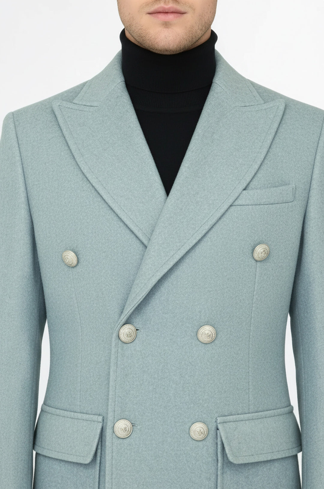 Metal Düğmeli Yün Kaşe Açık Mavi Erkek Kruvaze Kaban - Wessi