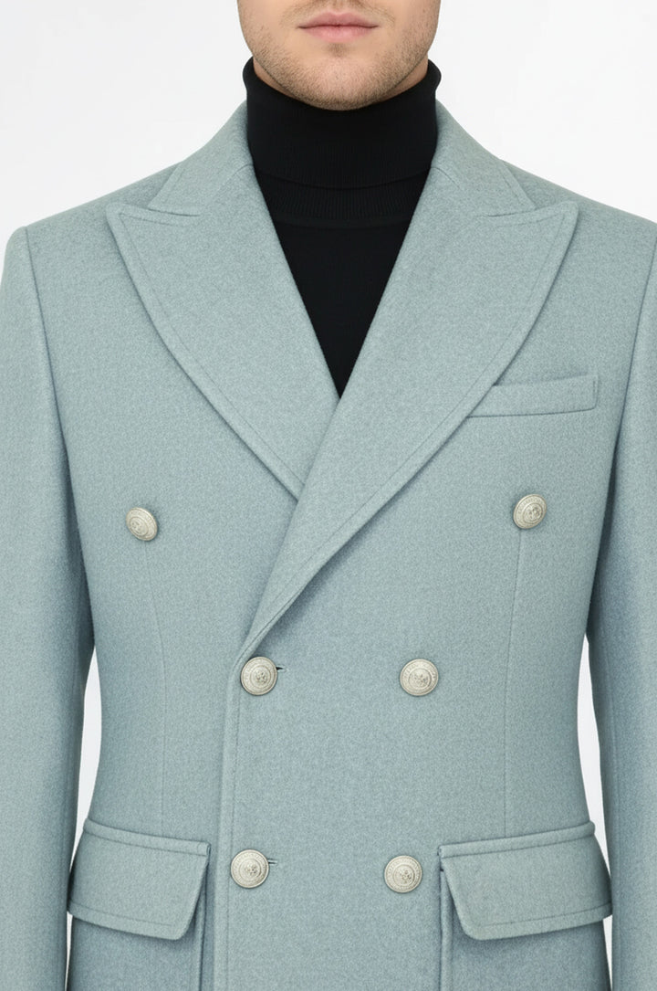 Metal Düğmeli Yün Kaşe Açık Mavi Erkek Kruvaze Kaban - Wessi