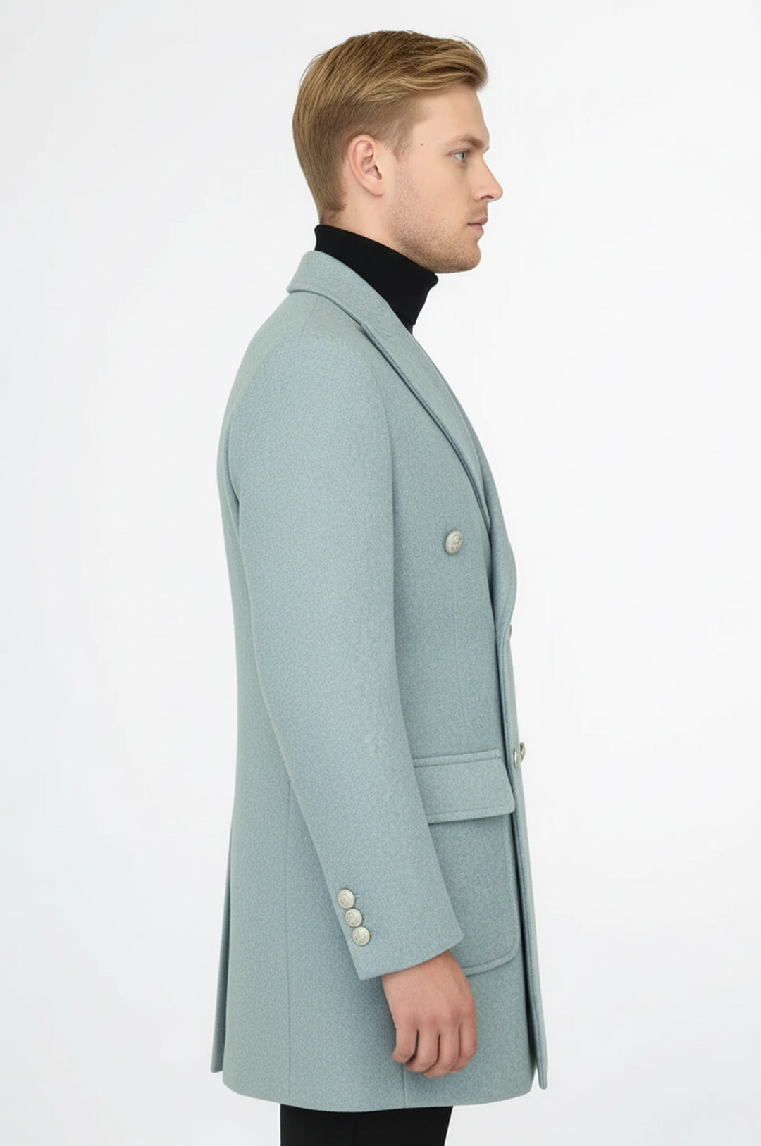 Metal Düğmeli Yün Kaşe Açık Mavi Erkek Kruvaze Kaban - Wessi