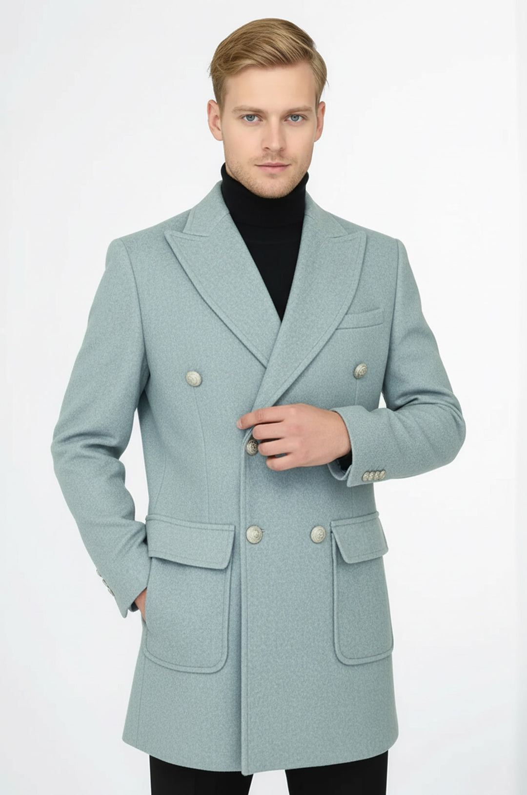 Metal Düğmeli Yün Kaşe Açık Mavi Erkek Kruvaze Kaban - Wessi