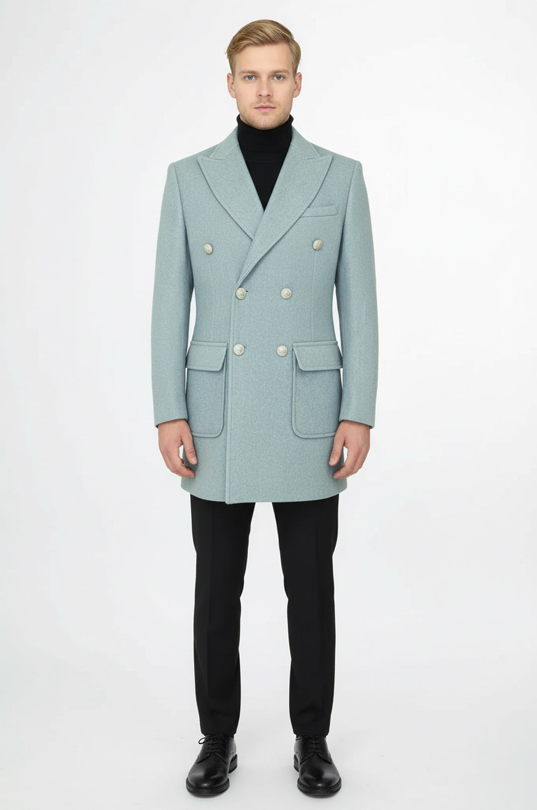 Metal Düğmeli Yün Kaşe Açık Mavi Erkek Kruvaze Kaban - Wessi