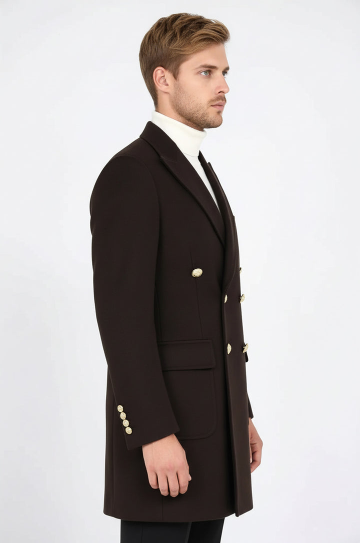 Kahverengi Metal Düğmeli Kruvaze Kaban - Wessi