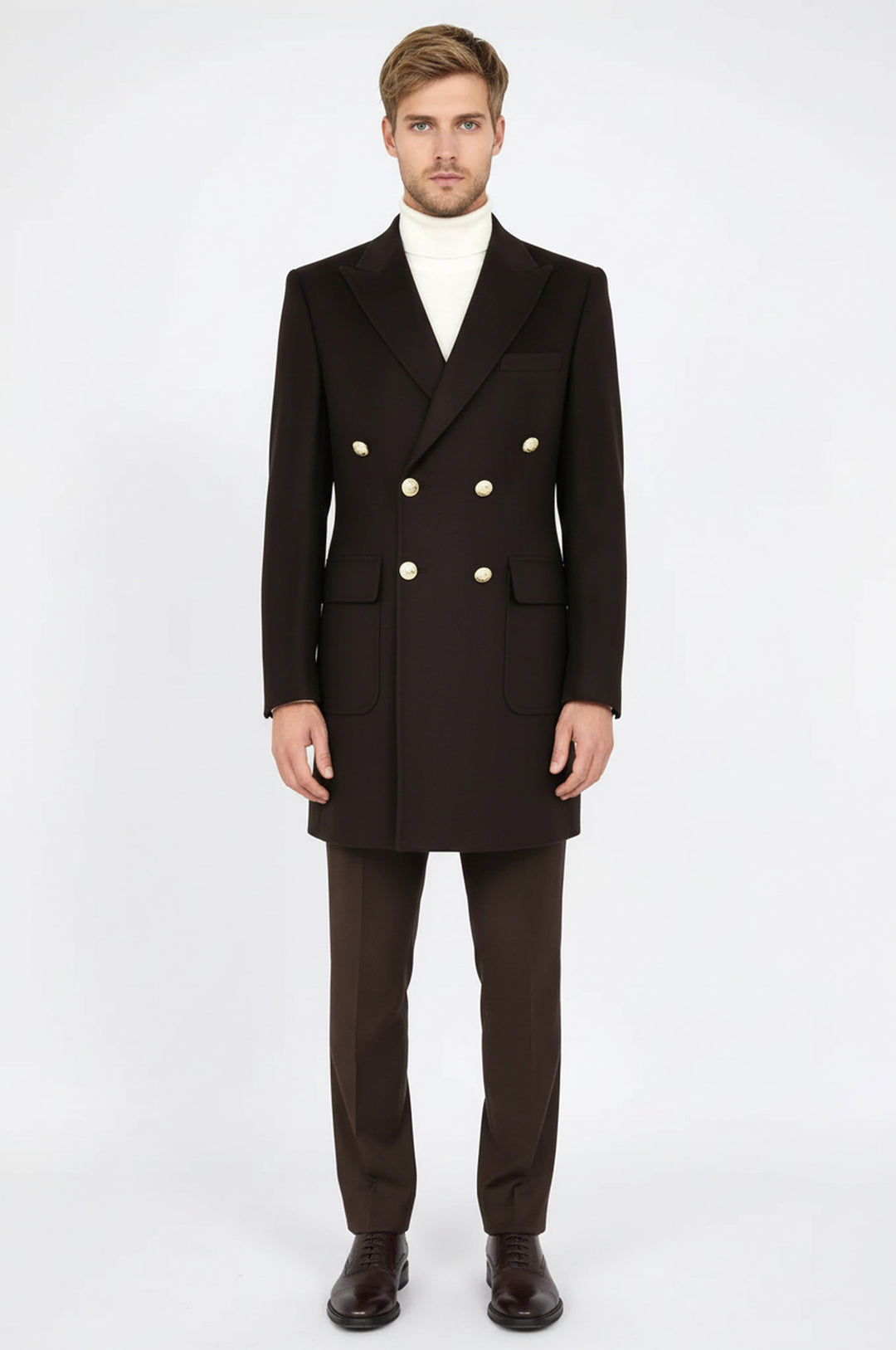 Kahverengi Metal Düğmeli Kruvaze Kaban - Wessi