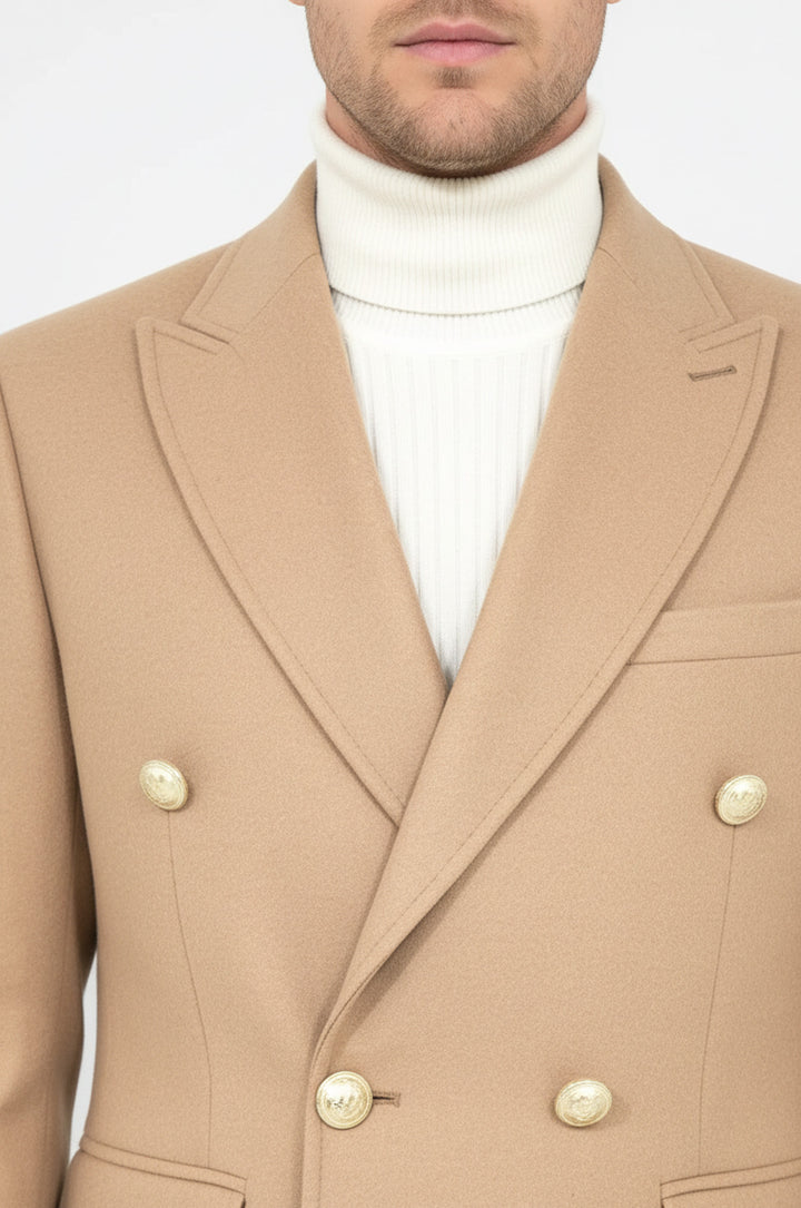 Krem Metal Düğmeli Kruvaze Kaban  - Wessi